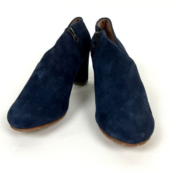 ALL BLACK Brand Booties Navy Suede Heels Asymmetrical Vamp Fashion Forward Sz 39 - Picture 2 of 11